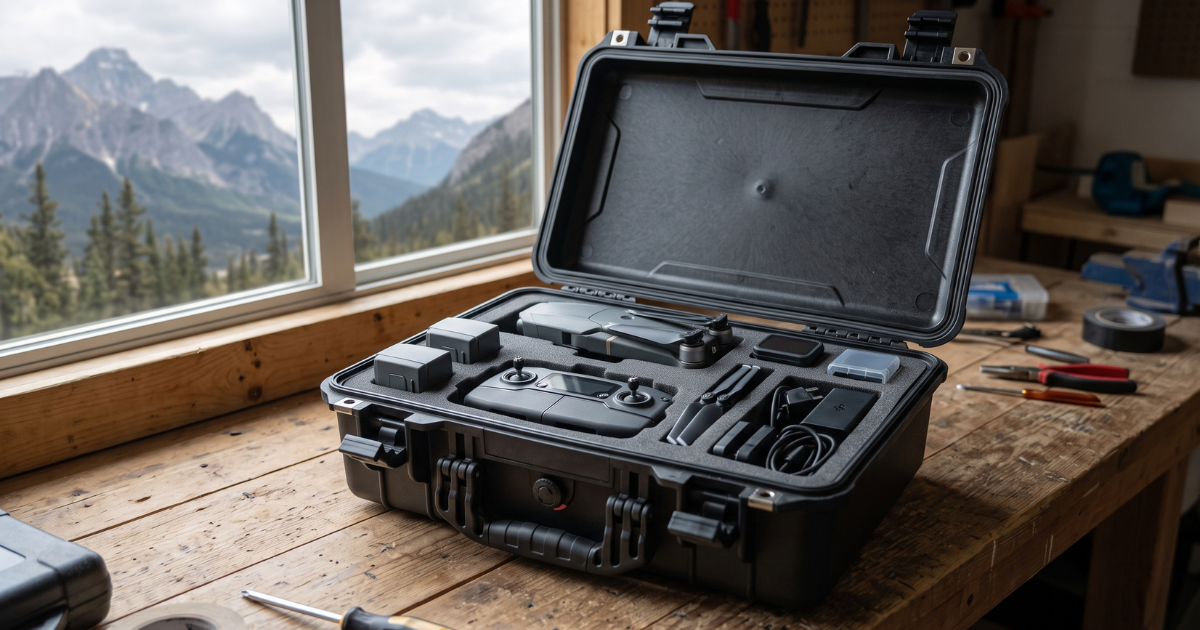 Case de drone aberto com equipamentos essenciais