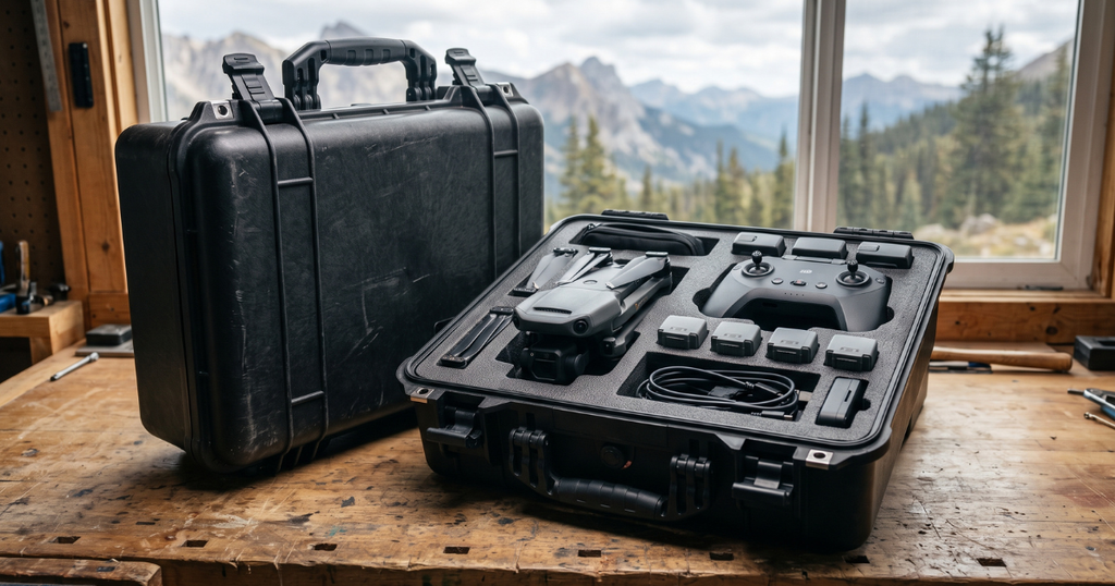 Case para drone bem protegido, uma case aberta e fechada