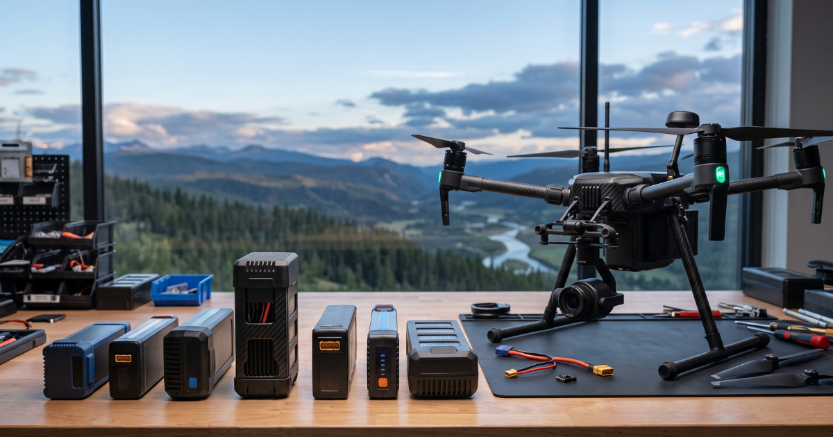 drone em cima da mesa com opções de Upgrades de baterias para drones