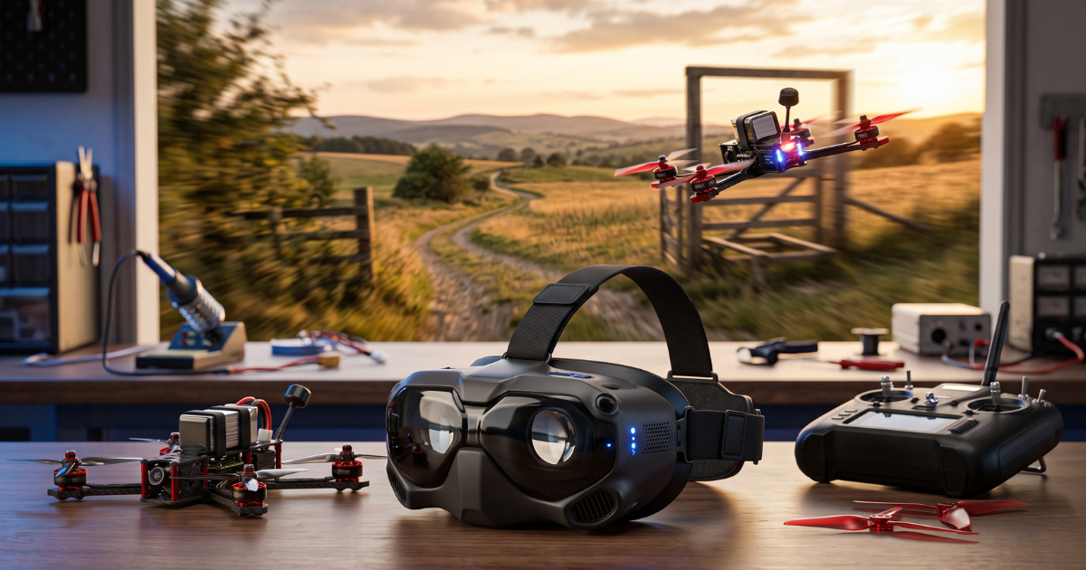 Óculos FPV em cima da mesa com controle e drone a volta