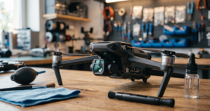 Drone com equipamentos de limpeza em cima da mesa