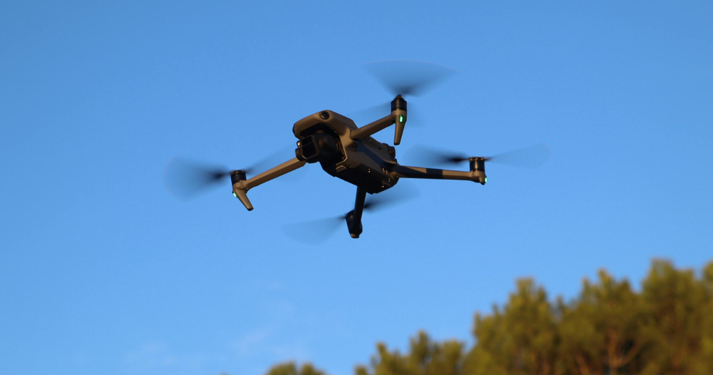 Drone escuro sobrevoando árvores